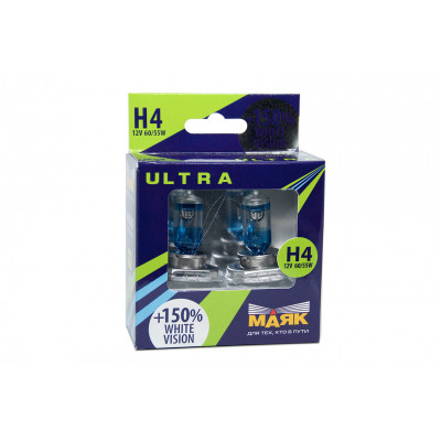075 Маяк УЛЬТРА H4 12v 60/55w +150% White Vision к-т 82420WV+150%